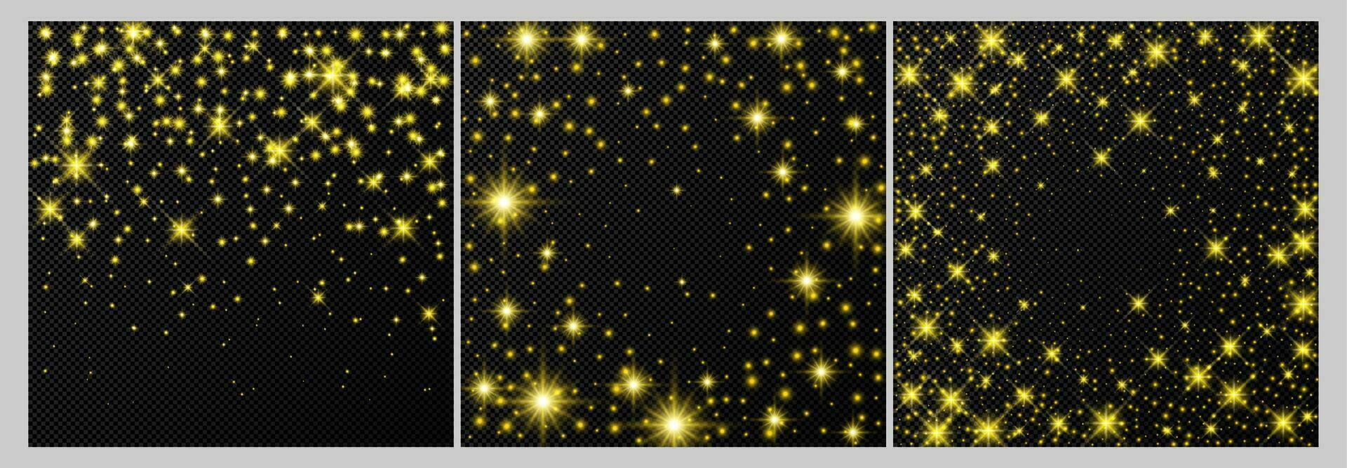 reeks van drie goud achtergronden met sterren en stof sparkles geïsoleerd Aan donker achtergrond. feestelijk magisch Kerstmis schijnend licht effect. vector illustratie.