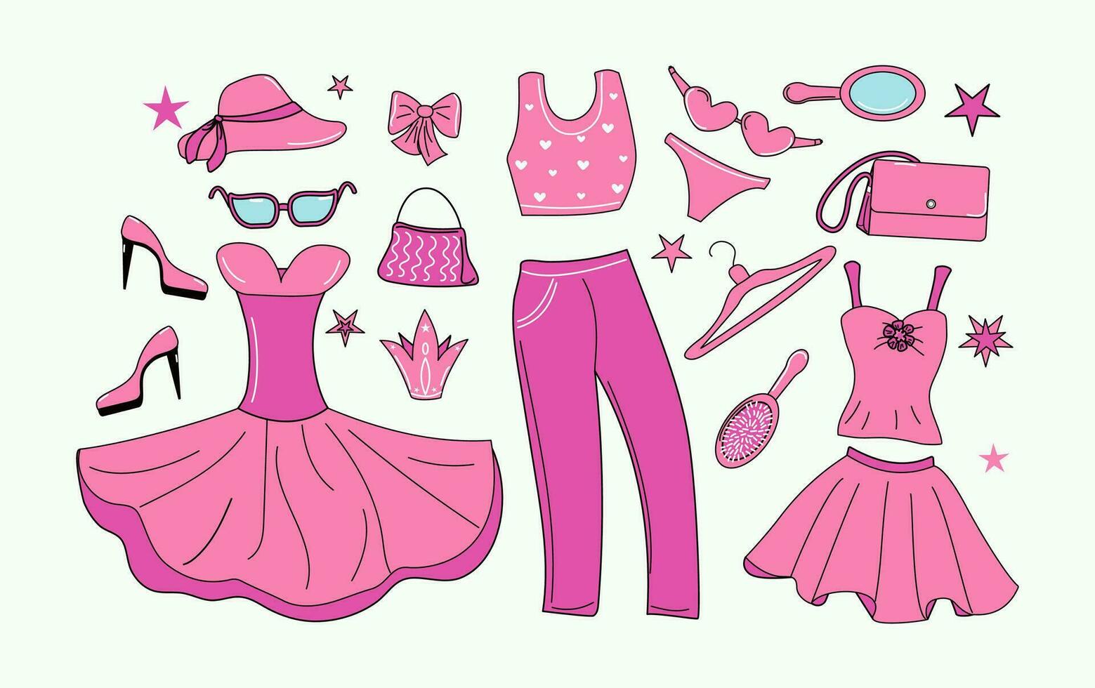 reeks van roze kleding en accessoires. nostalgisch barbiecore stijl verzameling. kleren voor prinses pop, vrouwen zomer helder rok, jurk, pakken, tas, schoenen, zonnebril en hoed in tekening stijl. vector