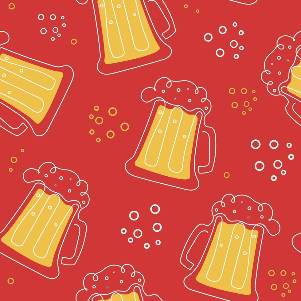patroon van bier producten, bier in een fles, kan, mok. hop kegels. dag van bier, festival, vakantie. oktober. vector illustratie, naadloos patroon.