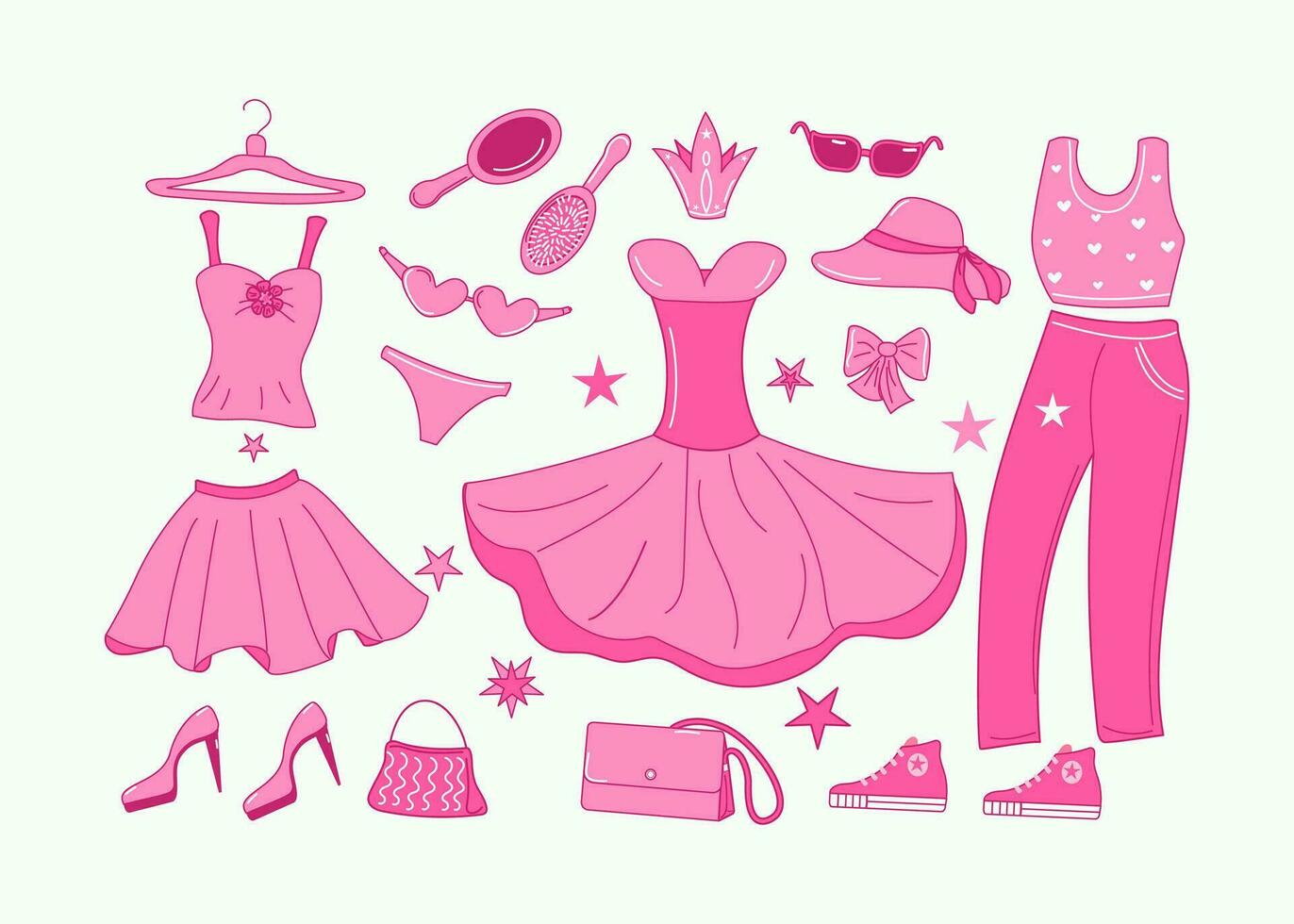 roze mode verzameling, roze pop accessoires en kleren. barbicore set. pak, jurk, schoenen, hoed. vector illustratie, achtergrond geïsoleerd.