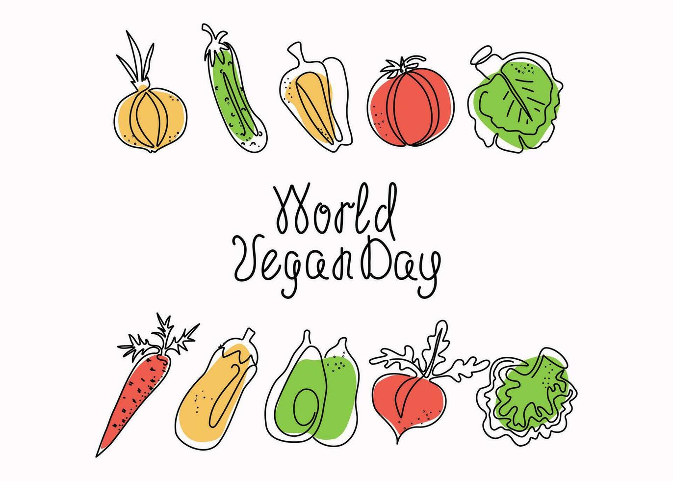 wereld veganistisch dag. reeks van lijn kunst groenten en hand- getrokken schoonschrift belettering. vector illustratie. geïsoleerd achtergrond.