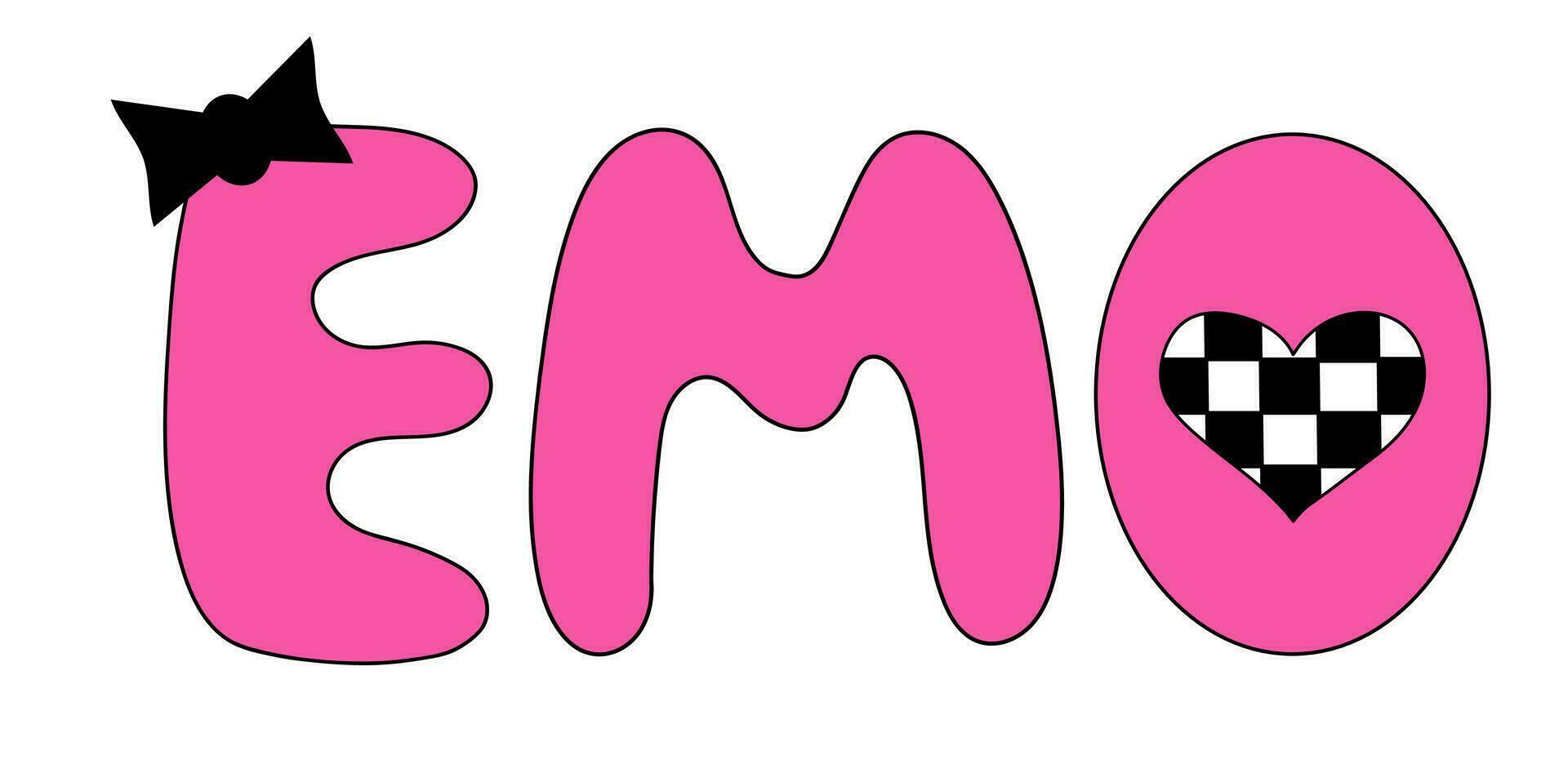 emo belettering. y2k stijl. hart in schaakbord. 00s nostalgie. zwart en roze. vector vlak illustratie.