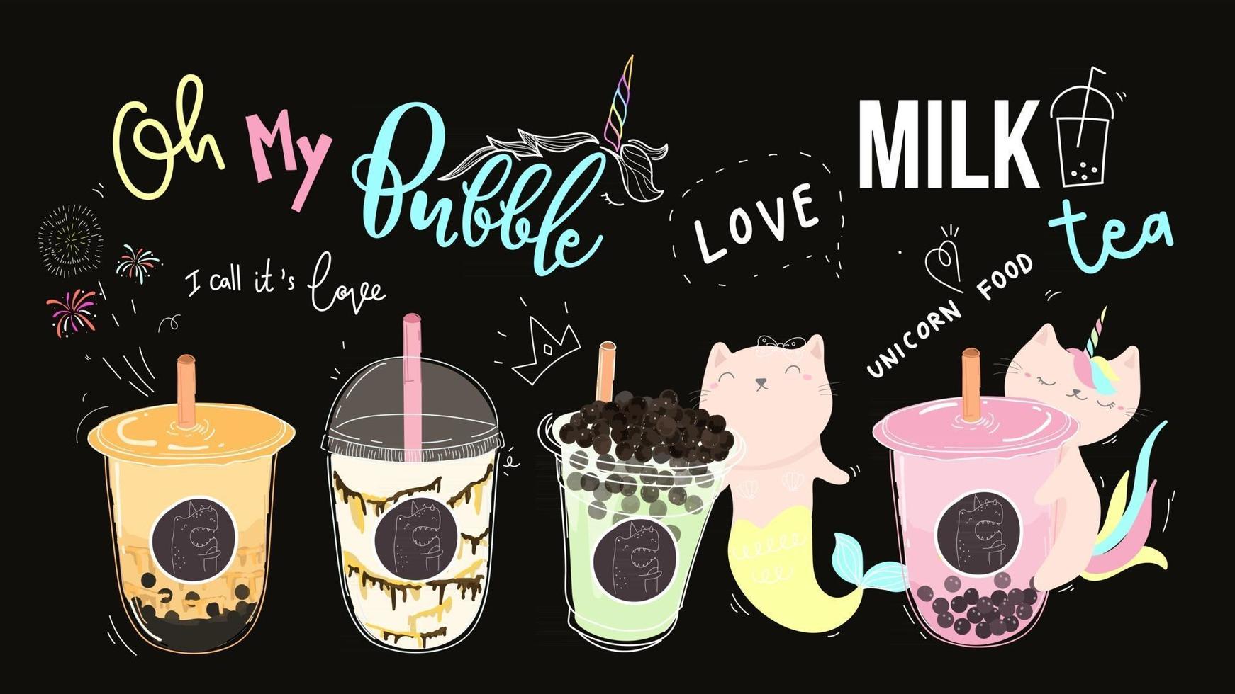 bubble melk thee design collectie, parel melk thee, boba melkthee, lekkere drankjes, koffie met doodle stijl banner, vectorillustratie. vector