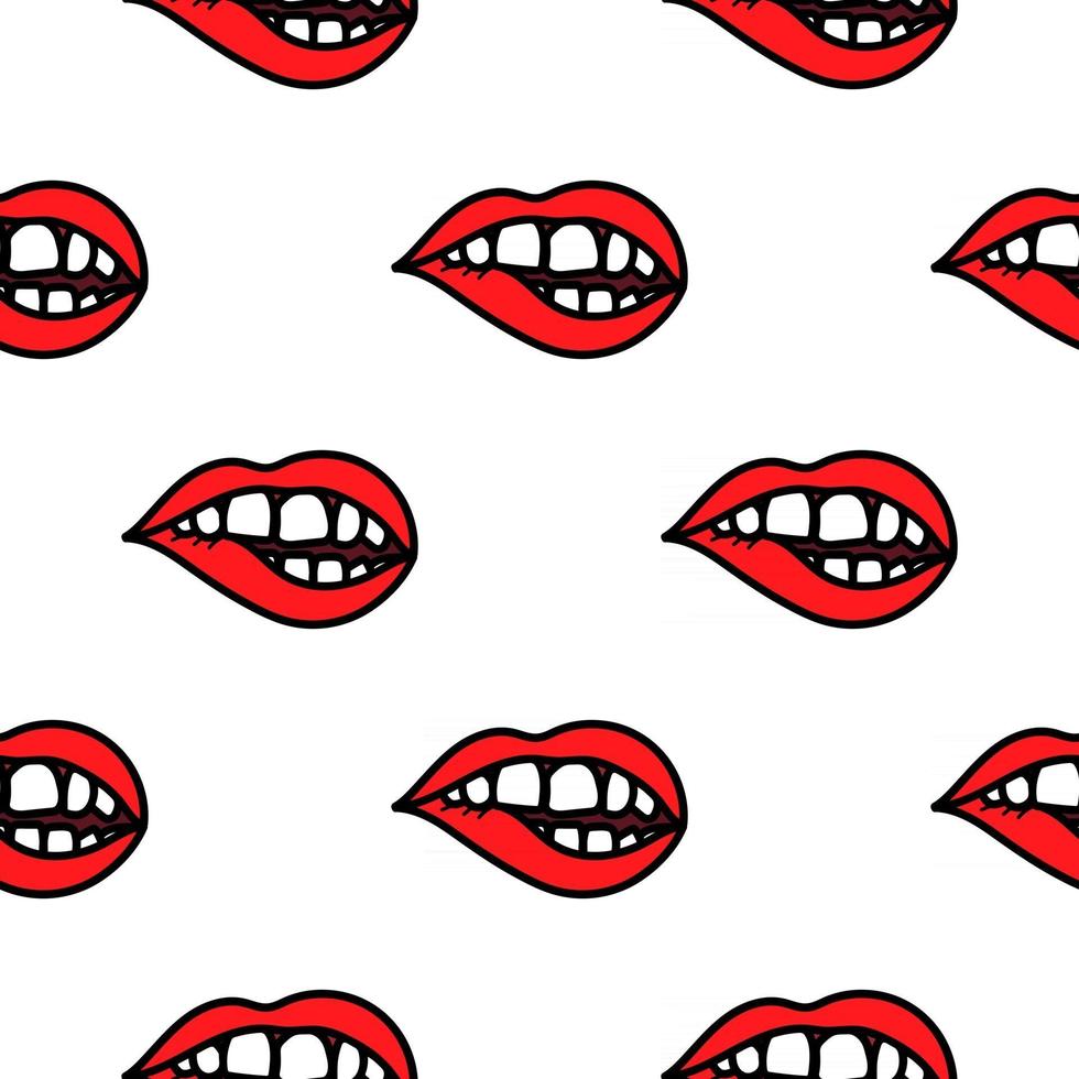 rode lippen bijten doodle naadloze patroon achtergrond. vector