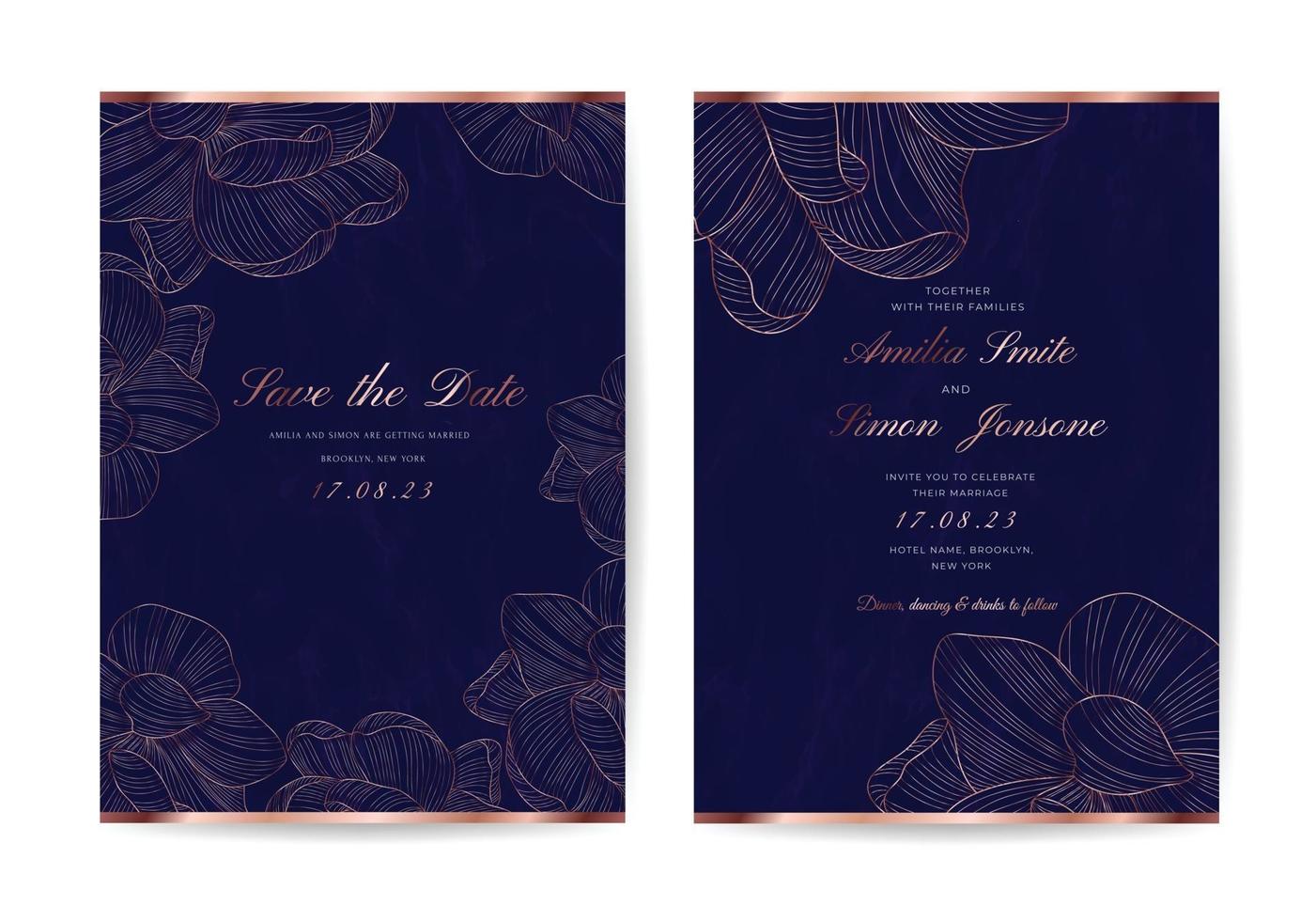bruiloft uitnodigingskaarten. luxe gouden uitnodiging ontwerpsjabloon. vector