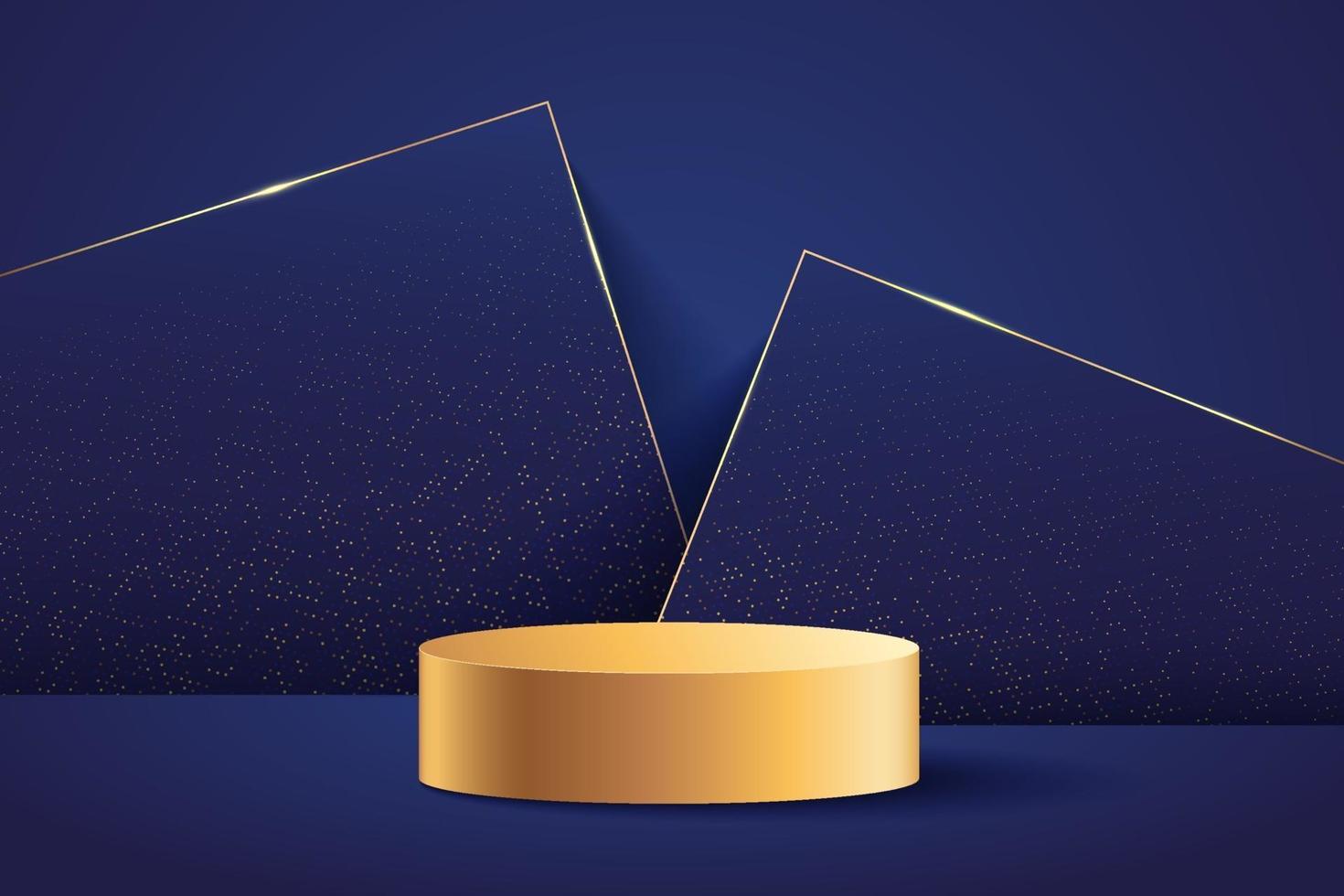 luxe gouden cilinder voetstuk podium. donkerblauwe geometrische achtergrond met gouden glittertextuur. abstracte moderne vector rendering 3D-vorm voor producten weergeven presentatie. minimale wandscène.