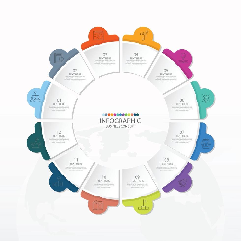 basiscirkel infographic sjabloon met 12 stappen, proces of opties, procesdiagram, gebruikt voor procesdiagram, presentaties, werkstroomlay-out, stroomschema, infograph. vectorillustratie eps10. vector