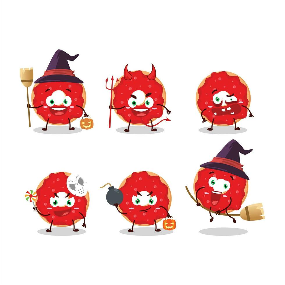 halloween uitdrukking emoticons met tekenfilm karakter van framboos donut vector