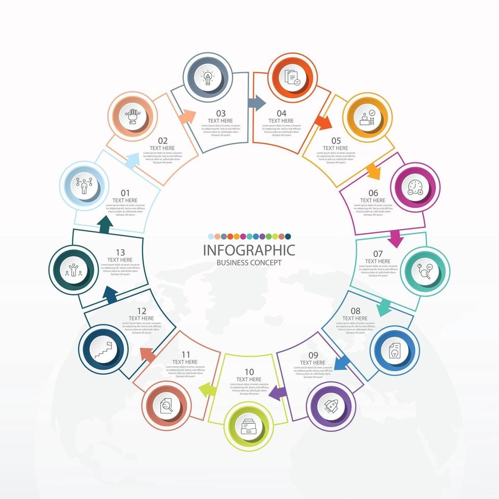 basiscirkel infographic sjabloon met 13 stappen, proces of opties, procesgrafiek, gebruikt voor procesdiagram, presentaties, werkstroomlay-out, stroomschema, infograph. vectorillustratie eps10. vector