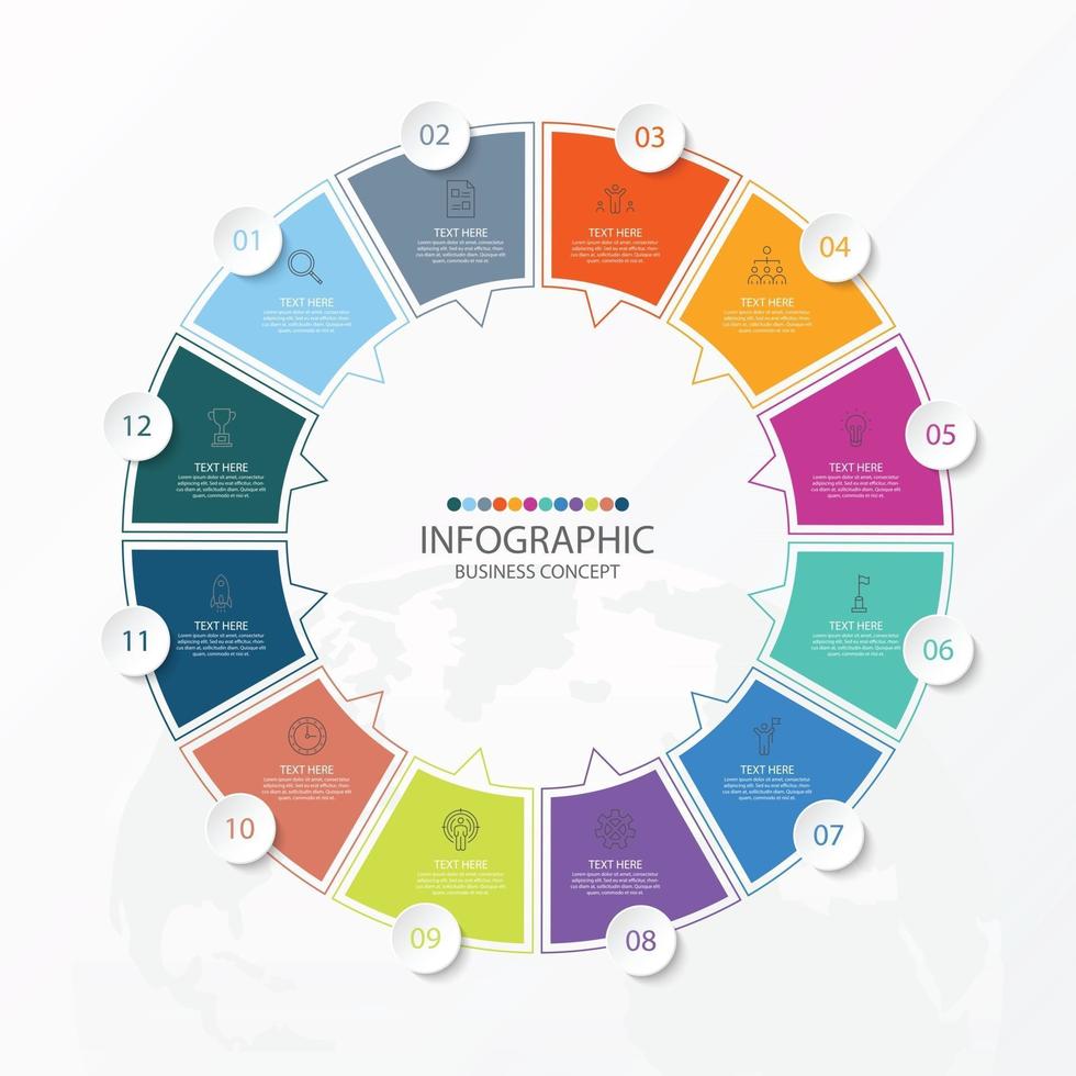 basiscirkel infographic sjabloon met 12 stappen, proces of opties, procesdiagram, gebruikt voor procesdiagram, presentaties, werkstroomlay-out, stroomschema, infograph. vectorillustratie eps10. vector