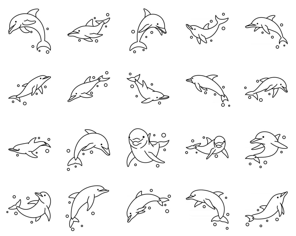 lijn kunst vector illustratie icon set van dolfijn