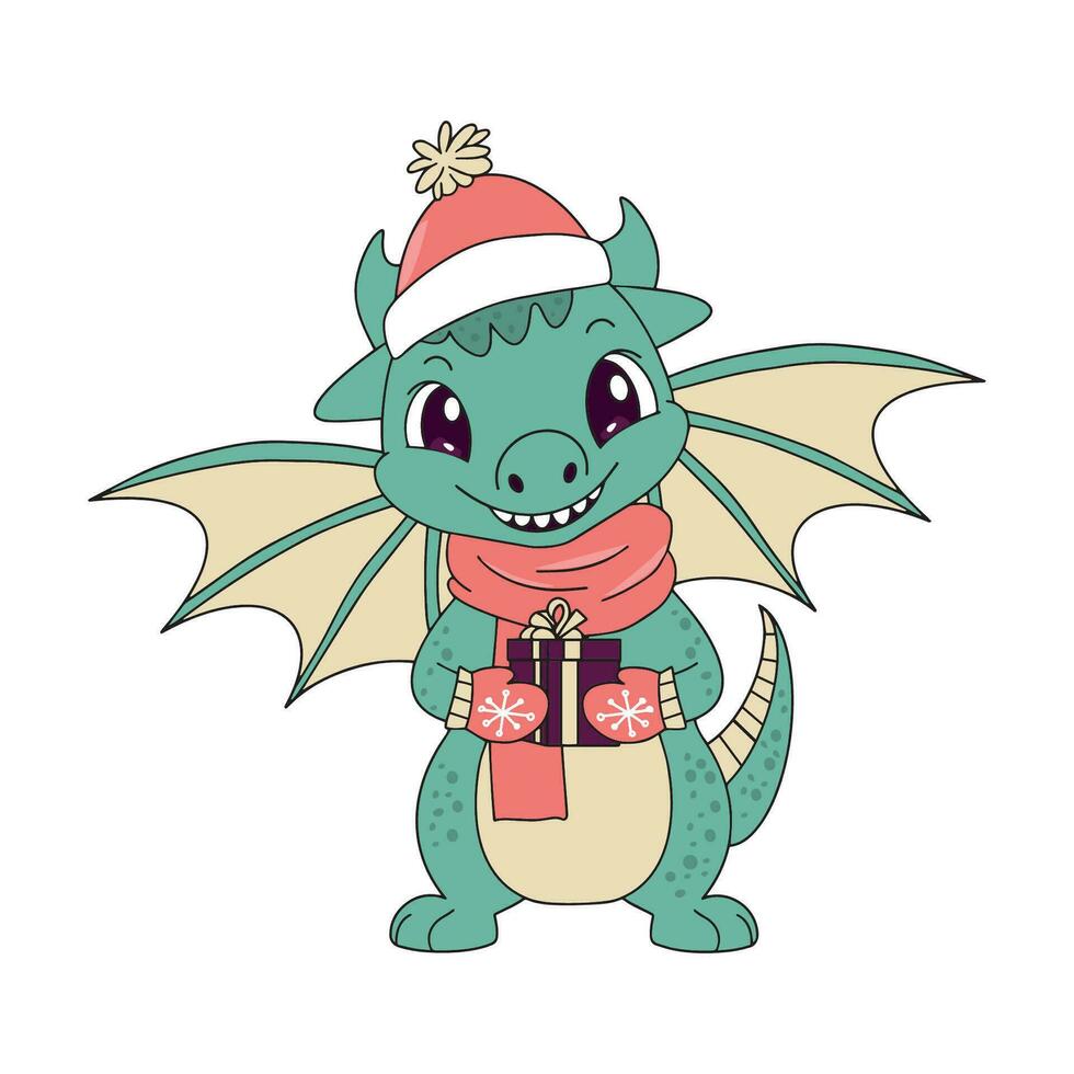 een schattig tekenfilm groen draak in een de kerstman hoed houdt een geschenk. nieuw jaar dier vector illustratie Aan wit achtergrond. vector