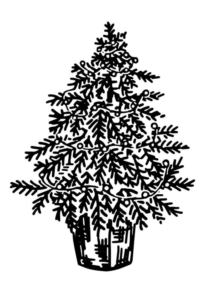 tekening van Kerstmis Spar boom. schets tekening van klein net in pot versierd guirlande. hand- getrokken vector illustratie. single clip art geïsoleerd Aan wit.