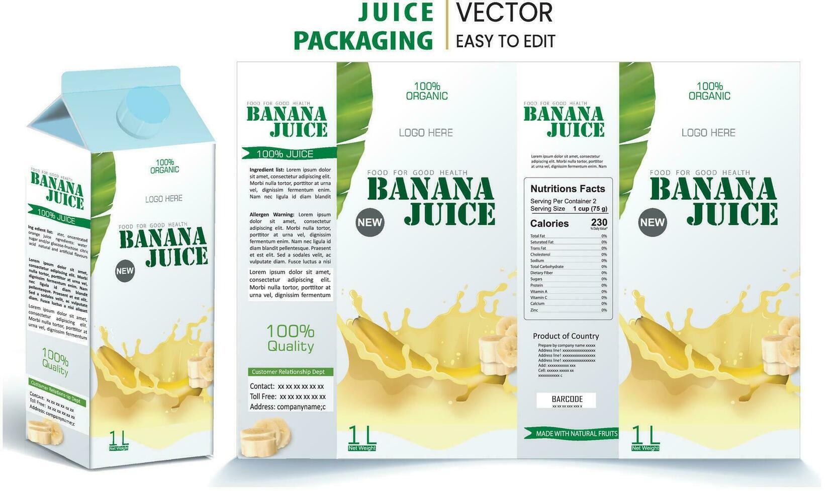 banaan sap verpakking, sap pak, mango sap, verpakking label, afdrukken label, etiket voor afdrukken, vector label. mango