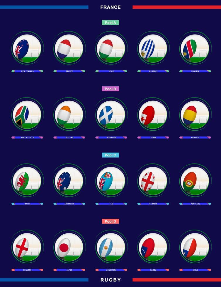 rugby icoon verzameling voor nationaal teams concurrerende in de 2023 rugby wedstrijd. vector