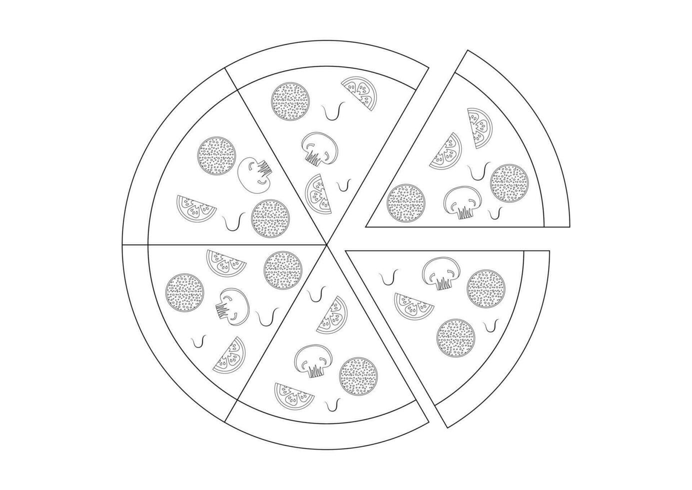 kleur bladzijde van een peperoni kaas pizza vlak ontwerp vector