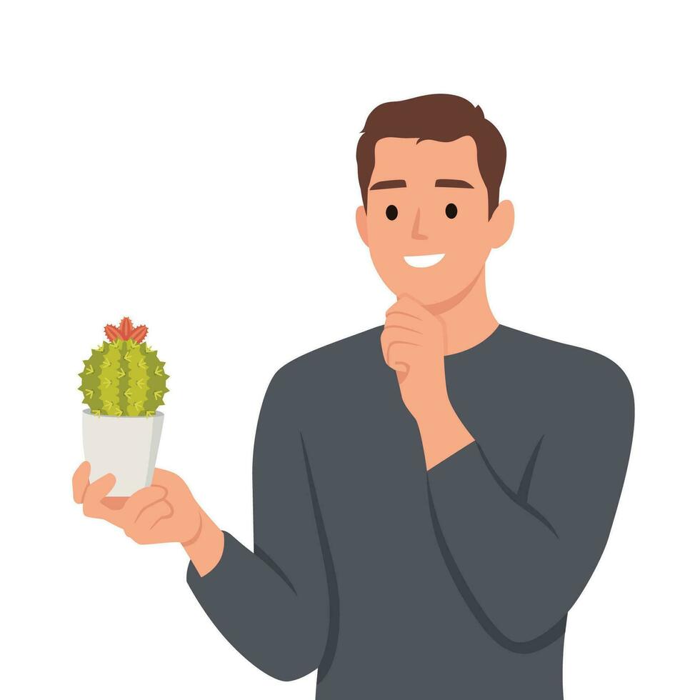 jong Mens houdt een cactus en denken. Holding zijn kin. vector