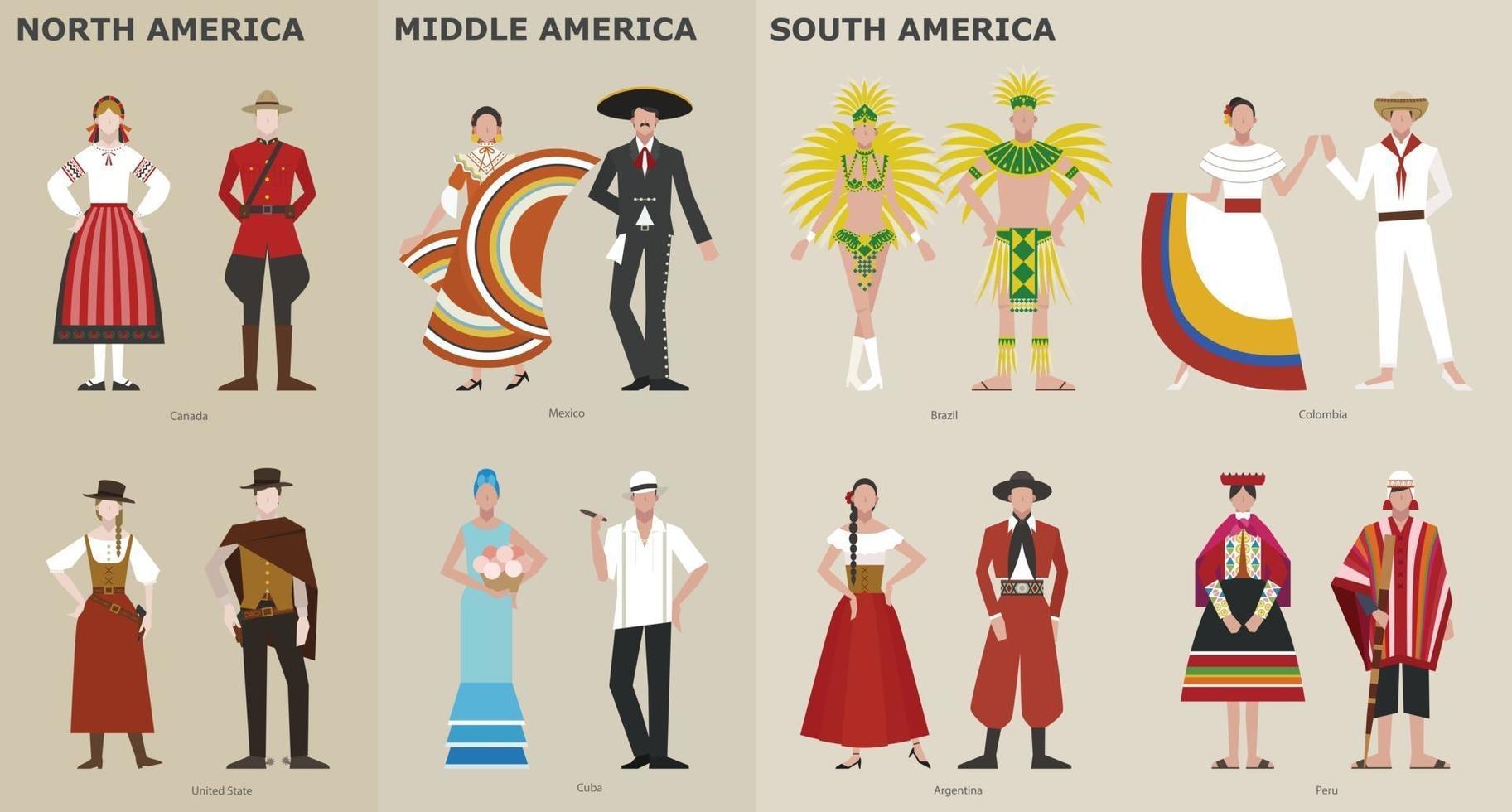 een verzameling traditionele kostuums per land. Amerika. vectorontwerpillustraties. vector