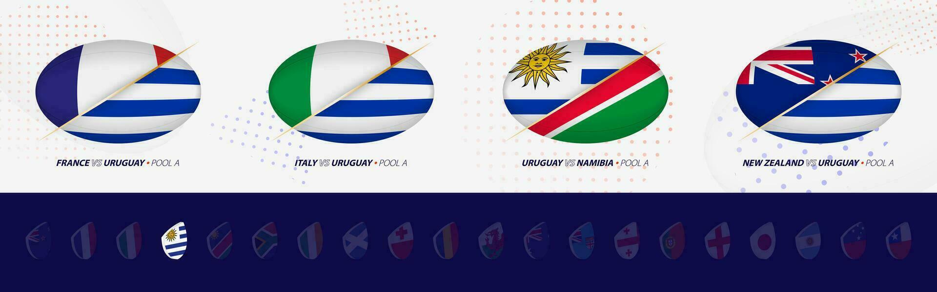 rugby wedstrijd pictogrammen van Uruguay rugby nationaal team, allemaal vier wedstrijden icoon in zwembad. vector