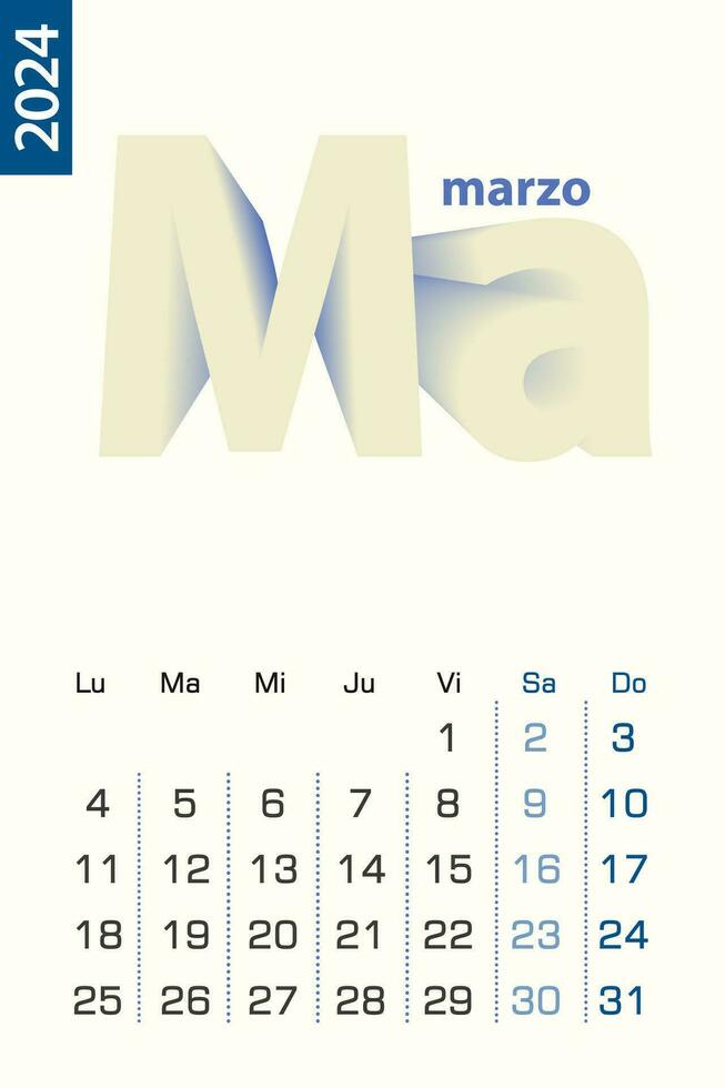 minimalistische kalender sjabloon voor maart 2024, vector kalender in Spaans taal.