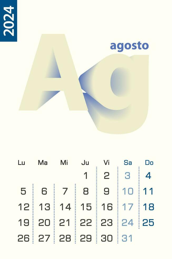 minimalistische kalender sjabloon voor augustus 2024, vector kalender in Spaans taal.