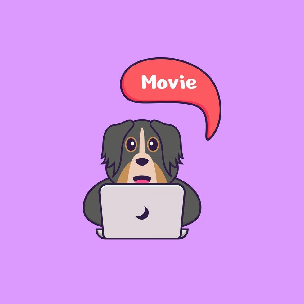 schattige hond kijkt naar een film. dierlijk beeldverhaalconcept geïsoleerd. kan worden gebruikt voor t-shirt, wenskaart, uitnodigingskaart of mascotte. platte cartoonstijl vector