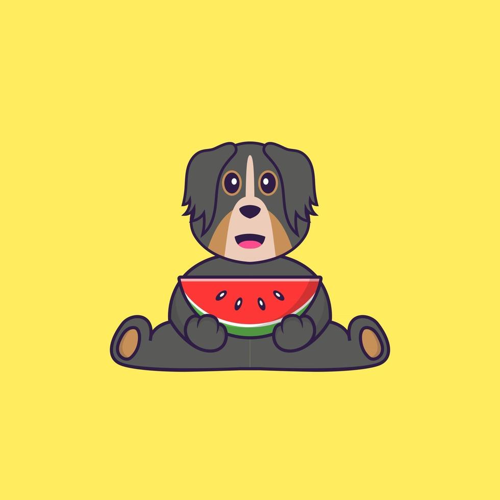 schattige hond die watermeloen eet. dierlijk beeldverhaalconcept geïsoleerd. kan worden gebruikt voor t-shirt, wenskaart, uitnodigingskaart of mascotte. platte cartoonstijl vector