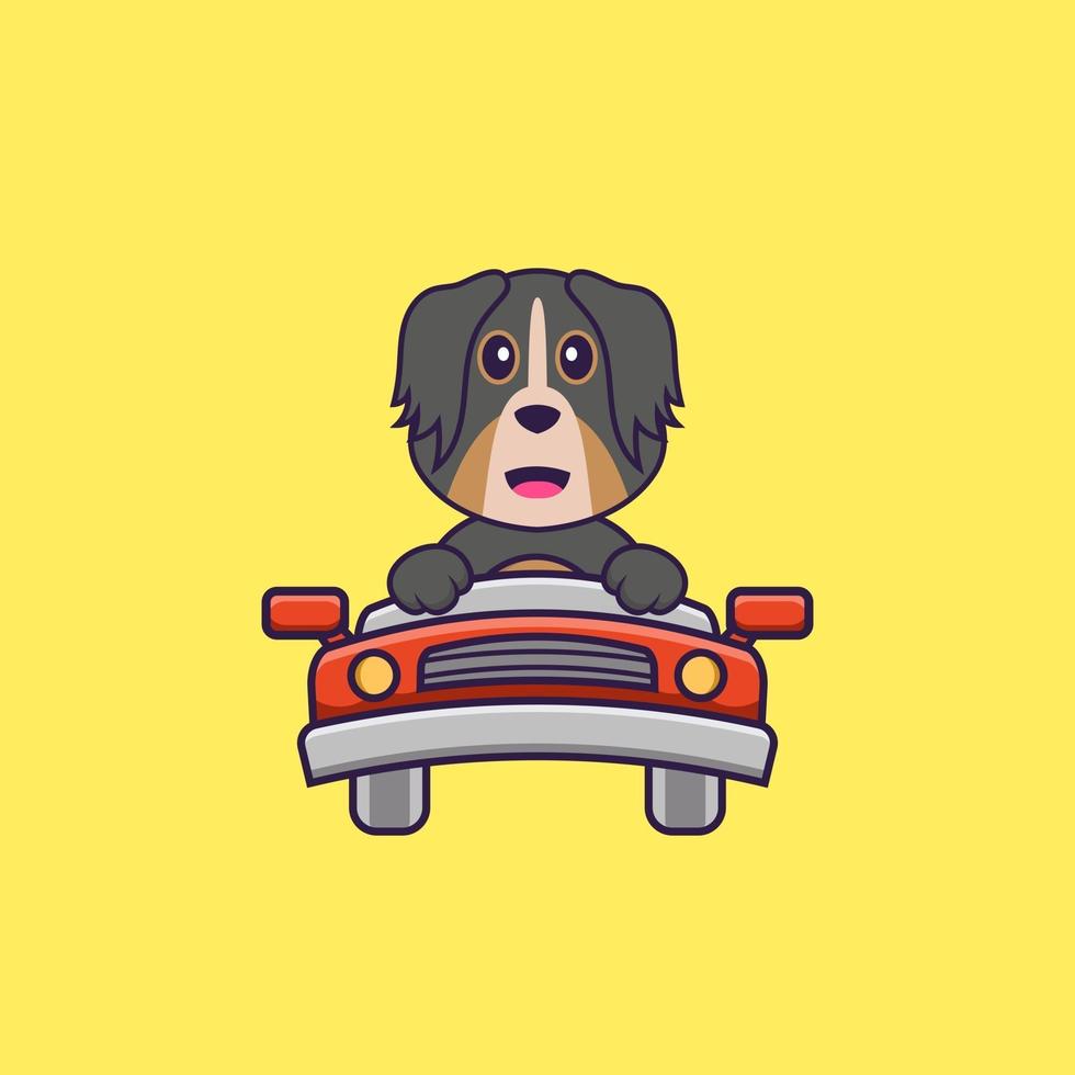 schattige hond rijdt. dierlijk beeldverhaalconcept geïsoleerd. kan worden gebruikt voor t-shirt, wenskaart, uitnodigingskaart of mascotte. platte cartoonstijl vector