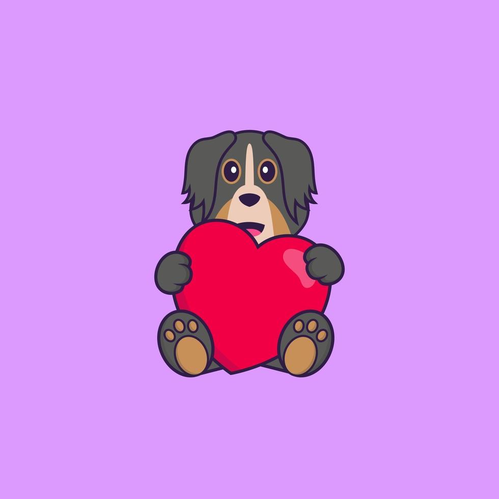 schattige hond met een groot rood hart. dierlijk beeldverhaalconcept geïsoleerd. kan worden gebruikt voor t-shirt, wenskaart, uitnodigingskaart of mascotte. platte cartoonstijl vector