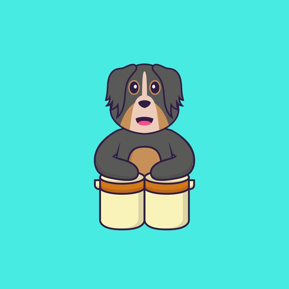 schattige hond speelt drums. dierlijk beeldverhaalconcept geïsoleerd. kan worden gebruikt voor t-shirt, wenskaart, uitnodigingskaart of mascotte. platte cartoonstijl vector