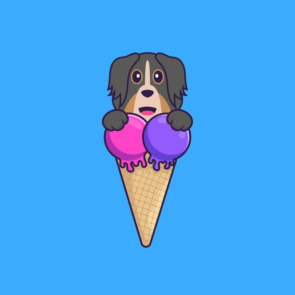 schattige hond met zoet ijs. dierlijk beeldverhaalconcept geïsoleerd. kan worden gebruikt voor t-shirt, wenskaart, uitnodigingskaart of mascotte. platte cartoonstijl vector