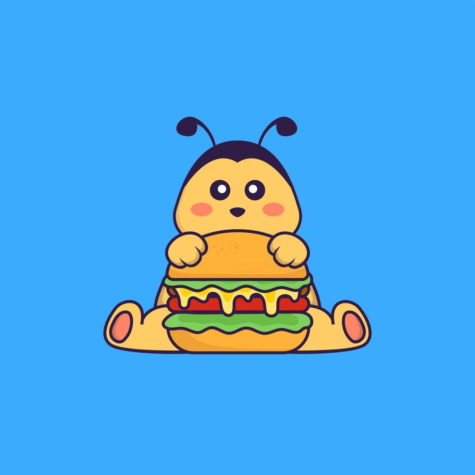 schattige bij die hamburger eet. dierlijk beeldverhaalconcept geïsoleerd. kan worden gebruikt voor t-shirt, wenskaart, uitnodigingskaart of mascotte. platte cartoonstijl vector