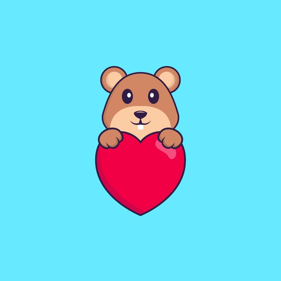schattige eekhoorn met een groot rood hart. dierlijk beeldverhaalconcept geïsoleerd. kan worden gebruikt voor t-shirt, wenskaart, uitnodigingskaart of mascotte. platte cartoonstijl vector