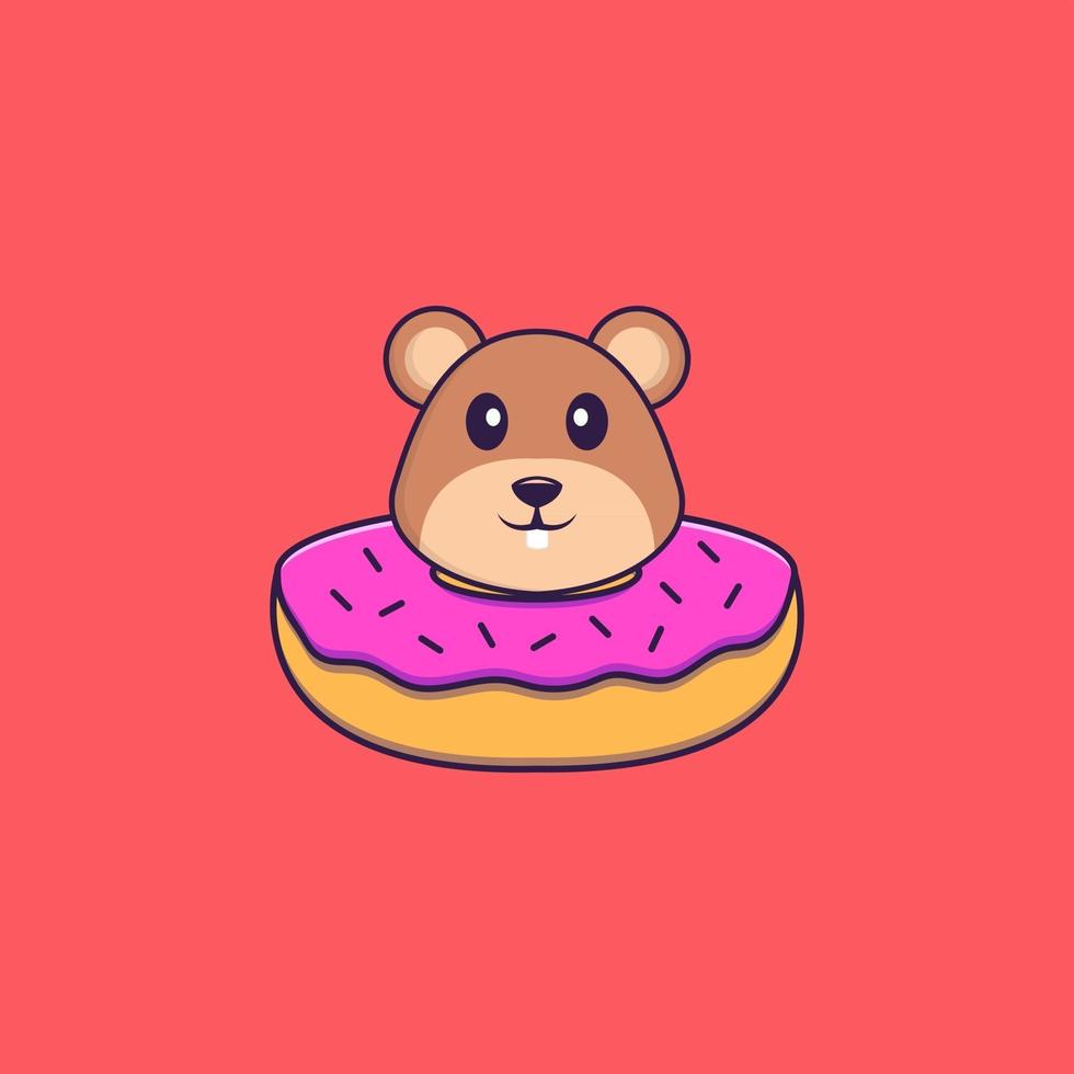 schattige eekhoorn met een donut op zijn nek. dierlijk beeldverhaalconcept geïsoleerd. kan worden gebruikt voor t-shirt, wenskaart, uitnodigingskaart of mascotte. platte cartoonstijl vector