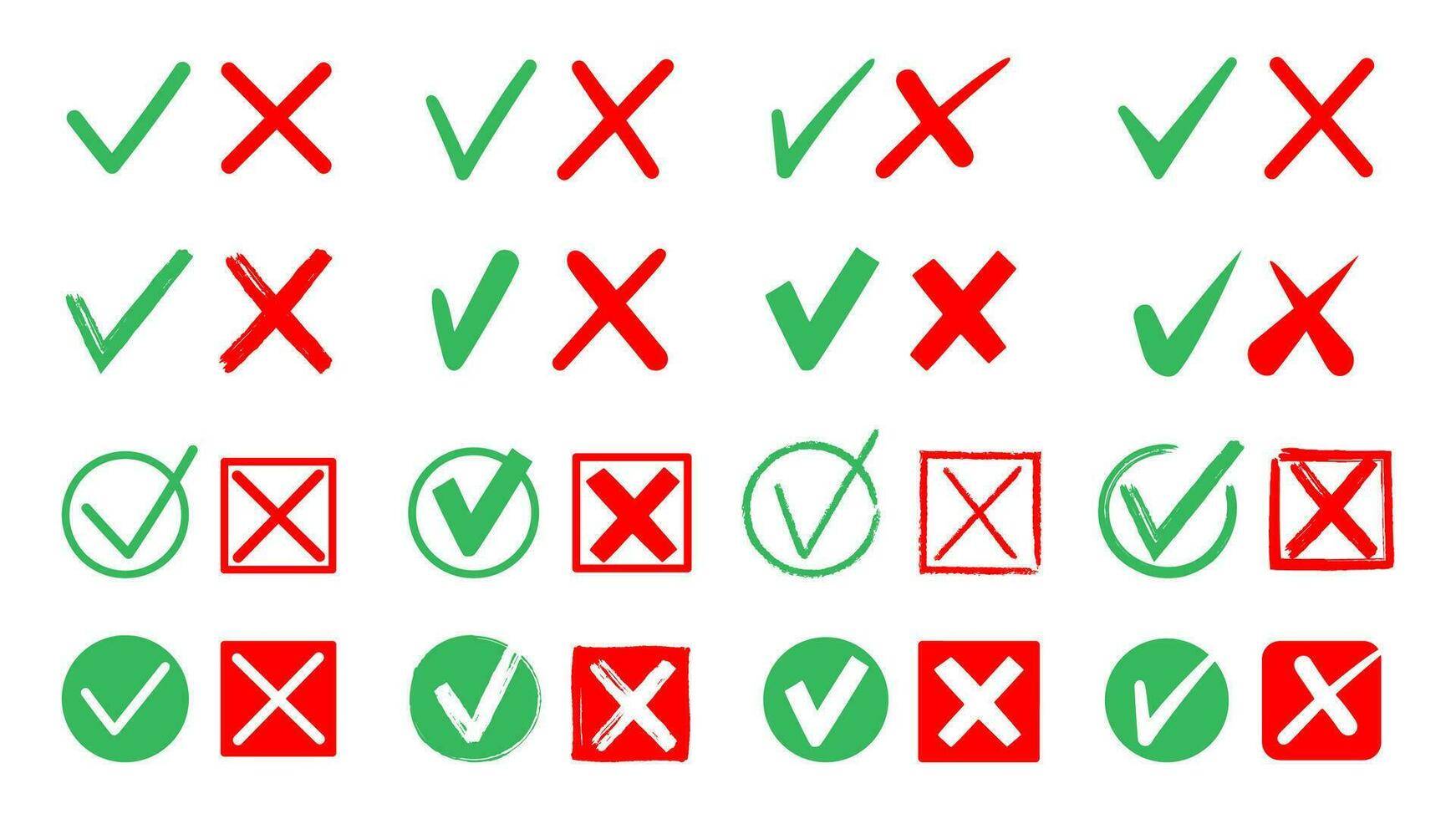 groen en rood controleren merken. kruis en Kruis aan elementen controleren lijst, Ja of Nee controle indicatoren, Rechtsaf of mis antwoorden icoon Aan wit achtergrond. vector reeks