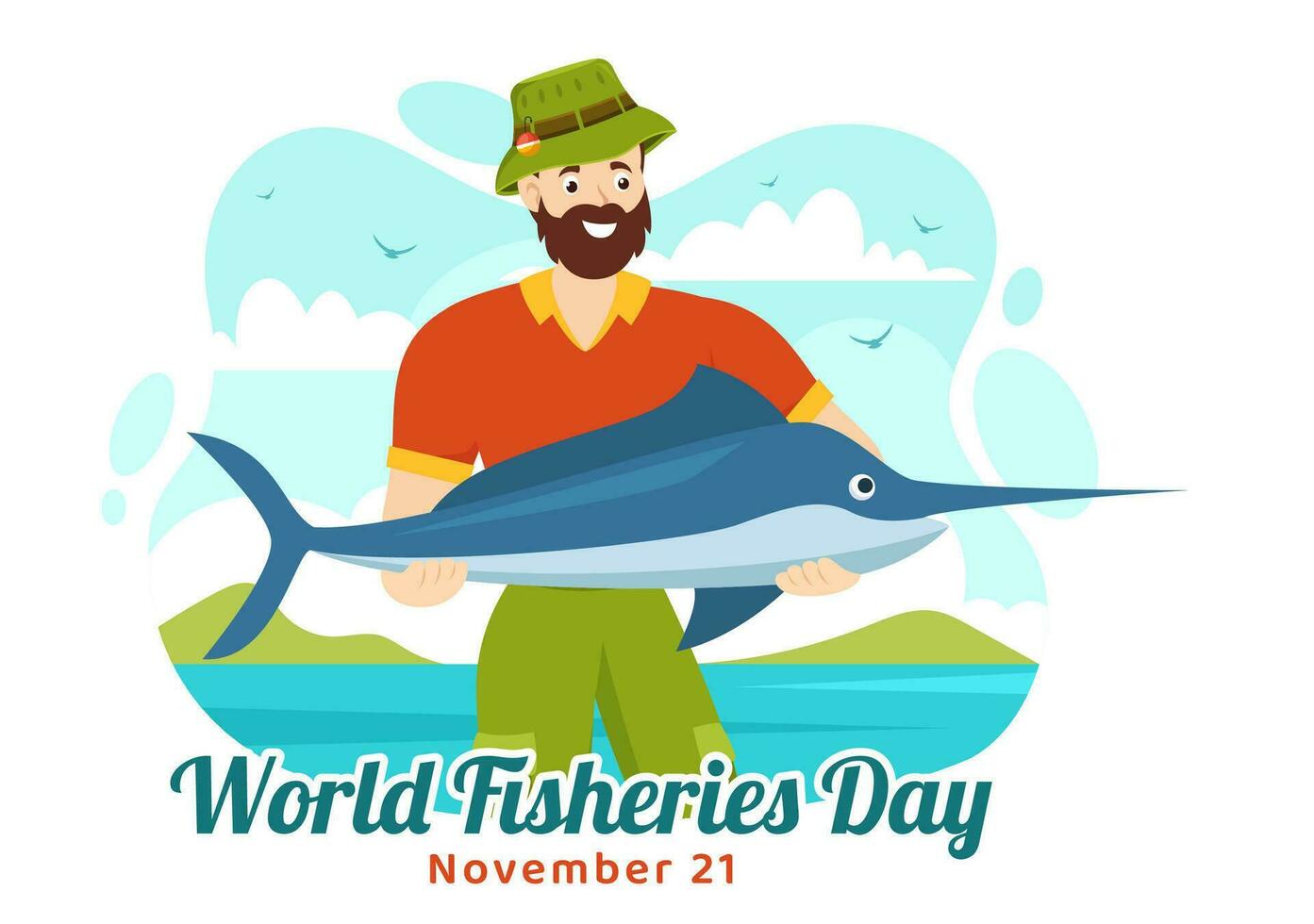 wereld visserij dag vector illustratie van visser met visvangst hengel Aan boot Bij de zee naar beschermen aquatisch ecosystemen en bewaren biodiversiteit