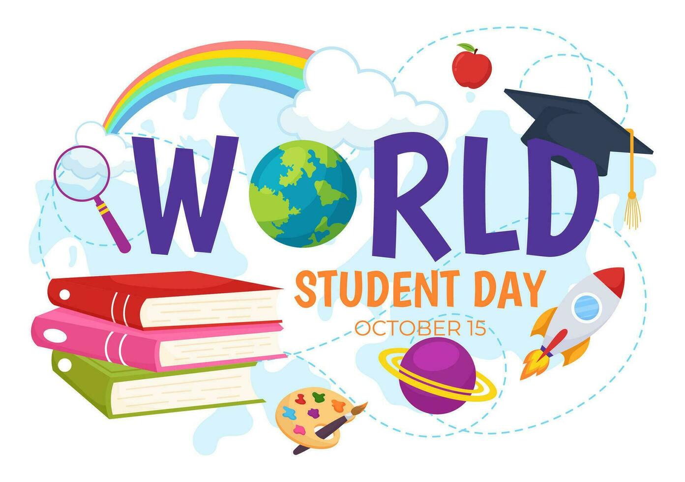 wereld studenten dag vector illustratie Aan oktober 15 met leerling, boek, wereldbol en meer voor web banier of poster in kinderen tekenfilm achtergrond ontwerp