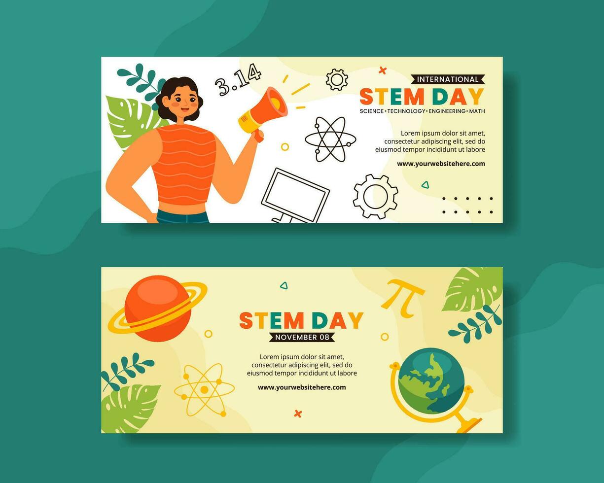 stam wetenschap, technologie, engineering, wiskunde onderwijs horizontaal banier illustratie vlak tekenfilm achtergrond vector