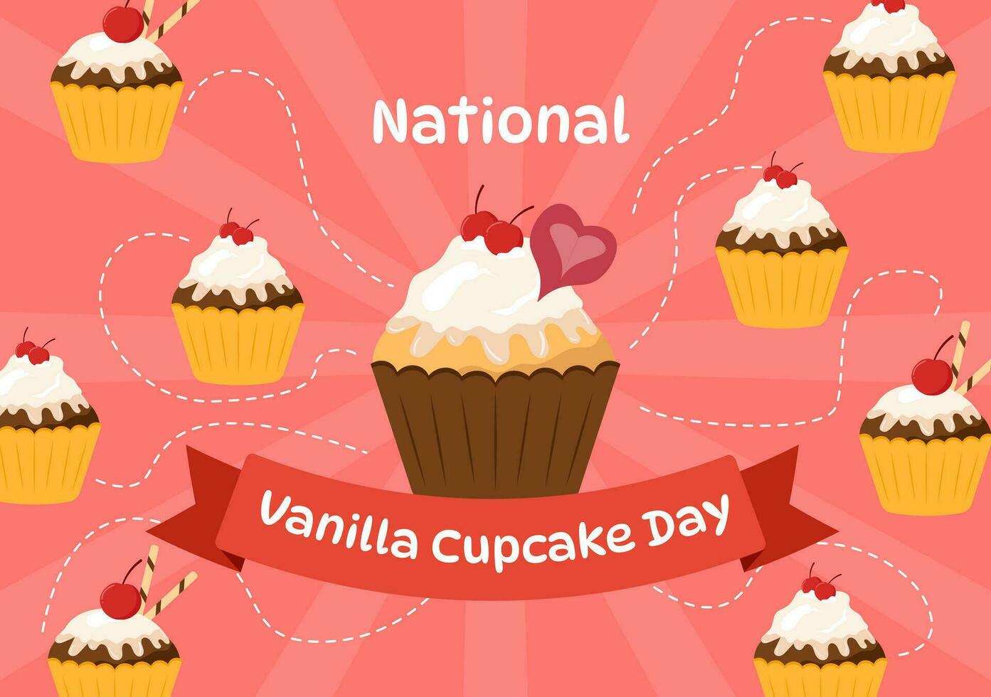 nationaal vanille koekje dag vector illustratie Aan 10 november van cupcakes met aardbei en vanille room in vlak tekenfilm roze achtergrond ontwerp