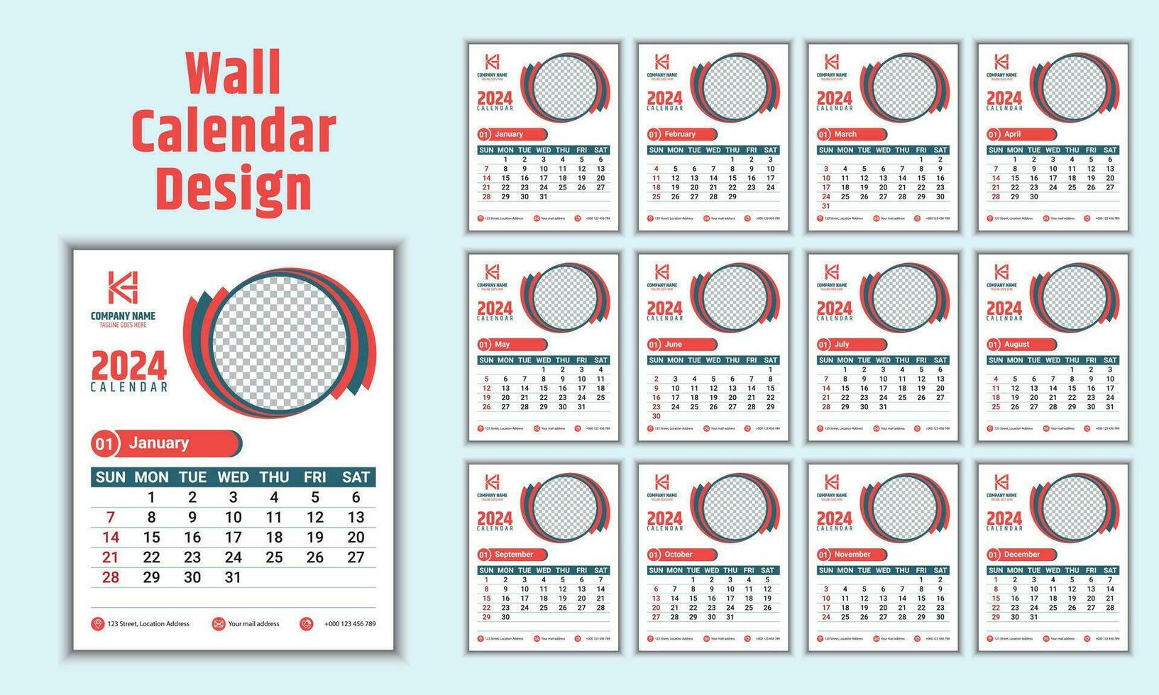 creatief muur kalender ontwerp voor 2024. week begint Aan zondag en 12 maanden van ontwerp zijn inbegrepen. een professioneel en geschikt sjabloon voor de bedrijf. vector illustratie