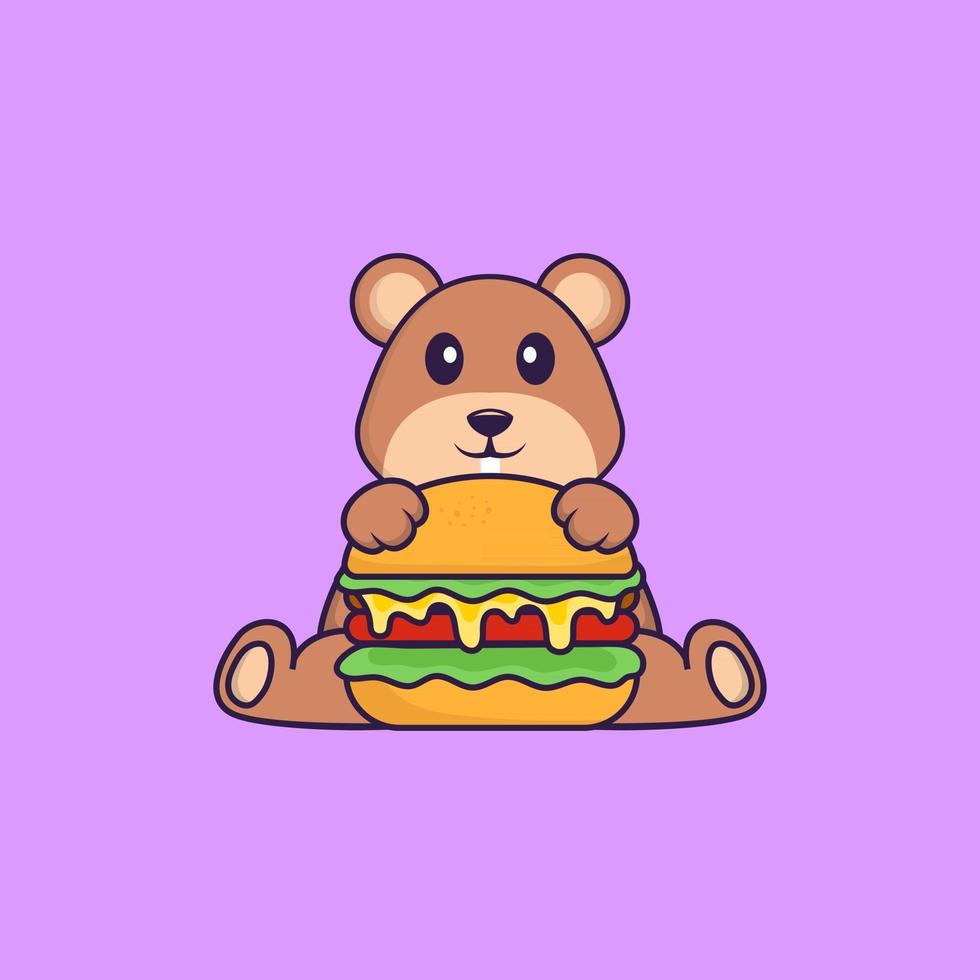 schattige eekhoorn die hamburger eet. dierlijk beeldverhaalconcept geïsoleerd. kan worden gebruikt voor t-shirt, wenskaart, uitnodigingskaart of mascotte. platte cartoonstijl vector