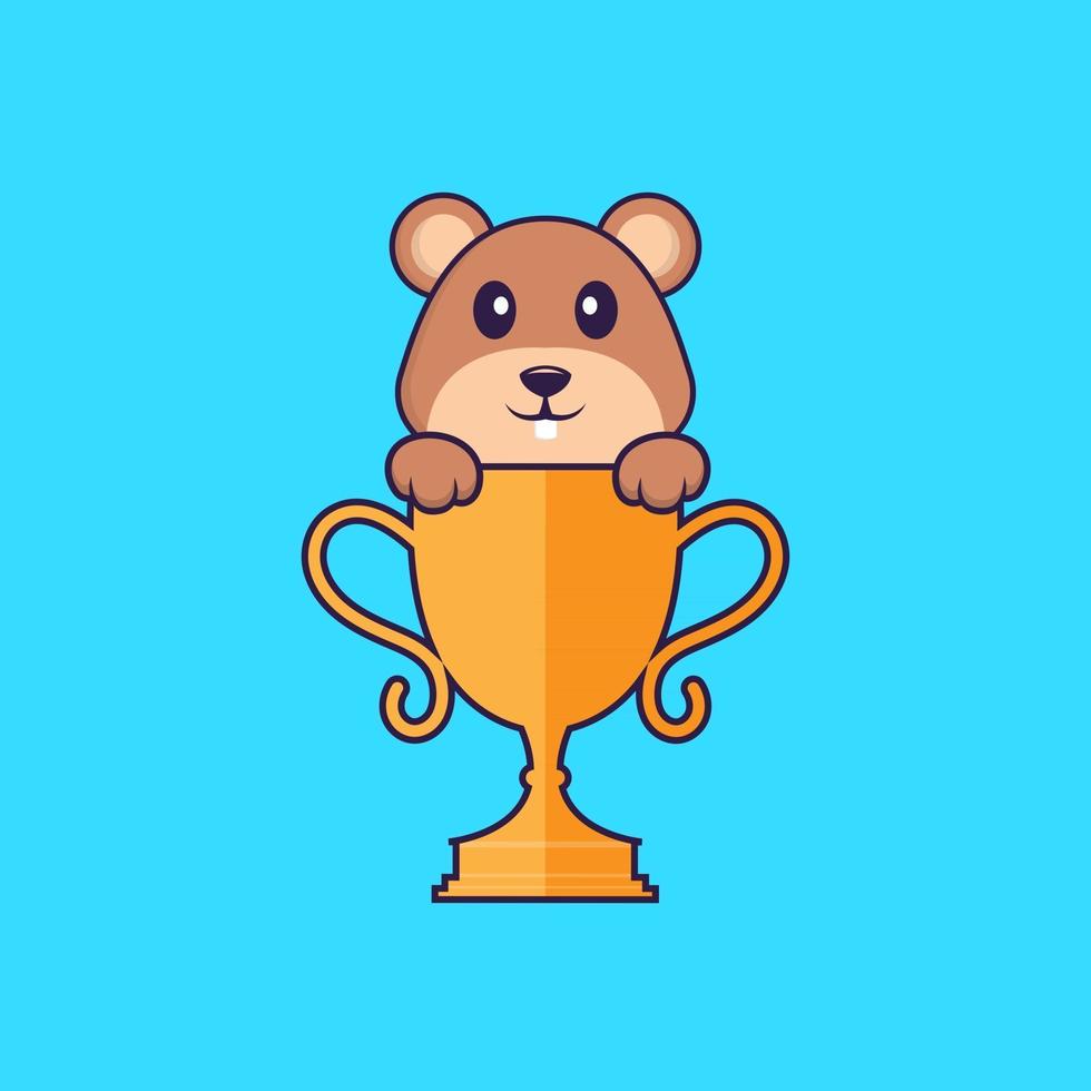 schattige eekhoorn met gouden trofee. dierlijk beeldverhaalconcept geïsoleerd. kan worden gebruikt voor t-shirt, wenskaart, uitnodigingskaart of mascotte. platte cartoonstijl vector