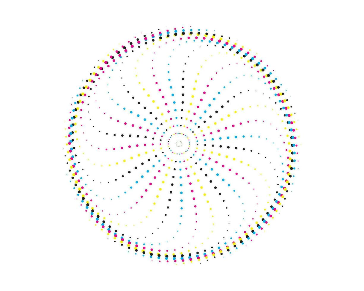 een circulaire patroon met kleurrijk dots Aan het, cmyk twee cirkels met kleurrijk dots Aan hen set, cmyk vector illustratie van een bloem met een cirkel en een stip, mandala vector