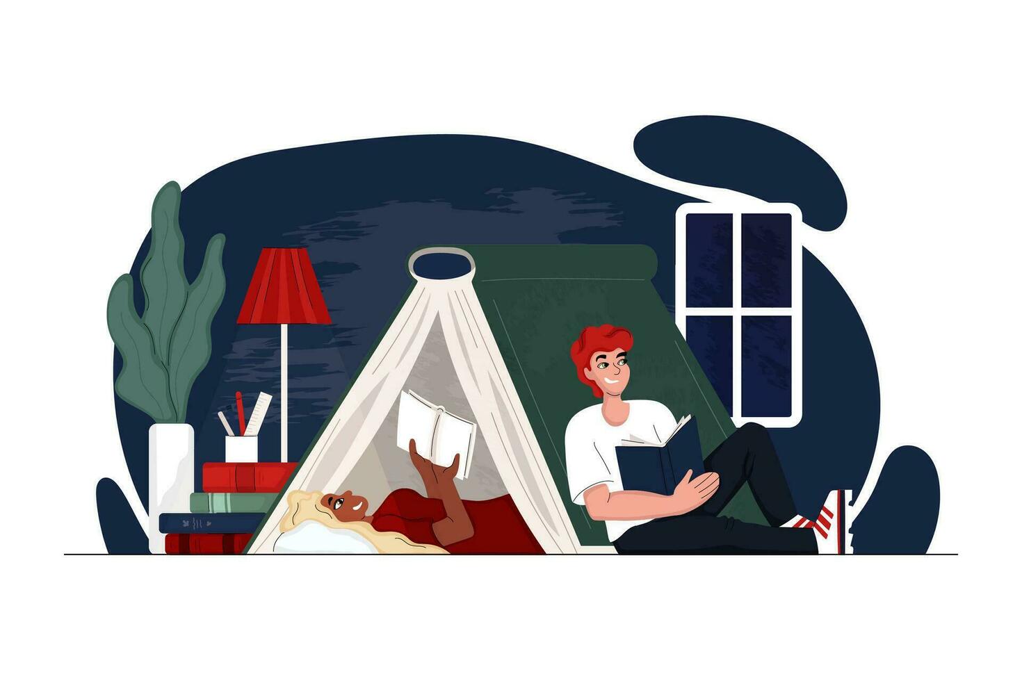 studenten lezen boeken Bij nacht. een schattig kleurrijk fantasie illustratie in modern stijl. studie concept. geïsoleerd Aan wit. vector