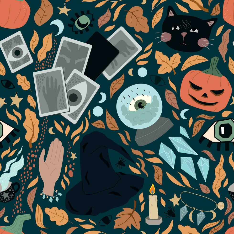 naadloos patroon van schattig halloween symbolen - zwart kat, ogen, heks hoed, pompoenen, spin, fortuin vertellen bal, kaarten, Kristallen, herfst bladeren. illustratie voor omhulsel papier, achtergrond, behang vector