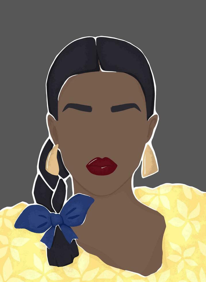 mooi zwarte huid meisje in een geel jurk met een boog en rood lippenstift. helder vlak vector illustratie. voor ansichtkaarten, affiches, ontwerp