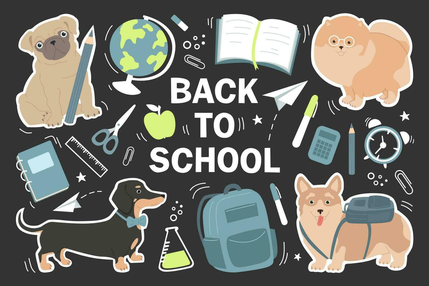 groot reeks van stickers met schattig honden Bij school. belettering terug naar school. baby vector illustratie.