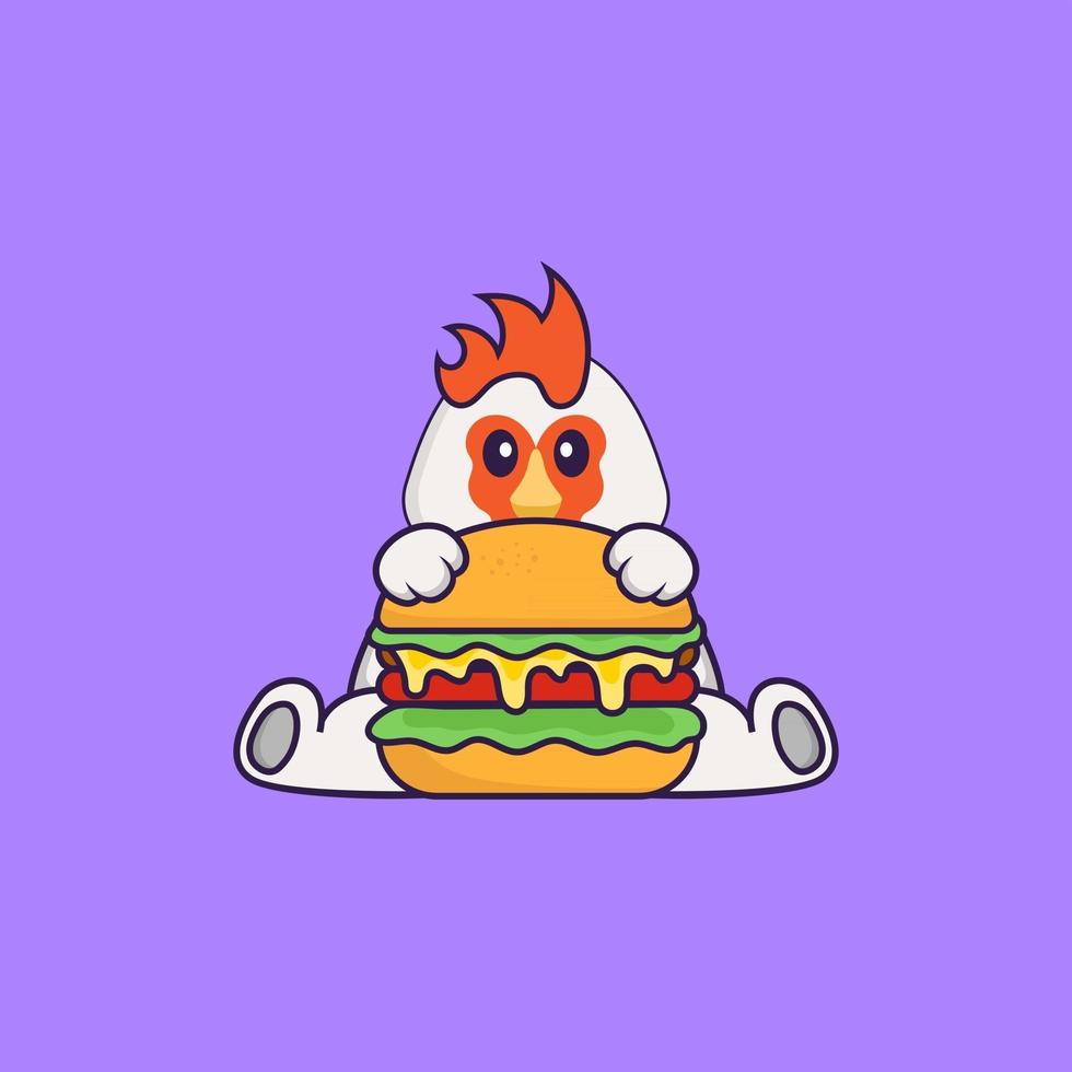 schattige kip die hamburger eet. dierlijk beeldverhaalconcept geïsoleerd. kan worden gebruikt voor t-shirt, wenskaart, uitnodigingskaart of mascotte. platte cartoonstijl vector