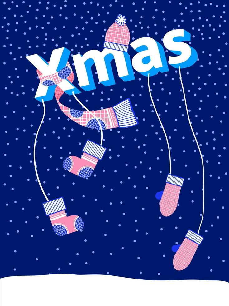 Kerstmis kaart met nieuw jaar elementen. vector illustratie in vlak stijl. nieuw jaar hartelijk groeten, cadeaus en andere winter accessoires.