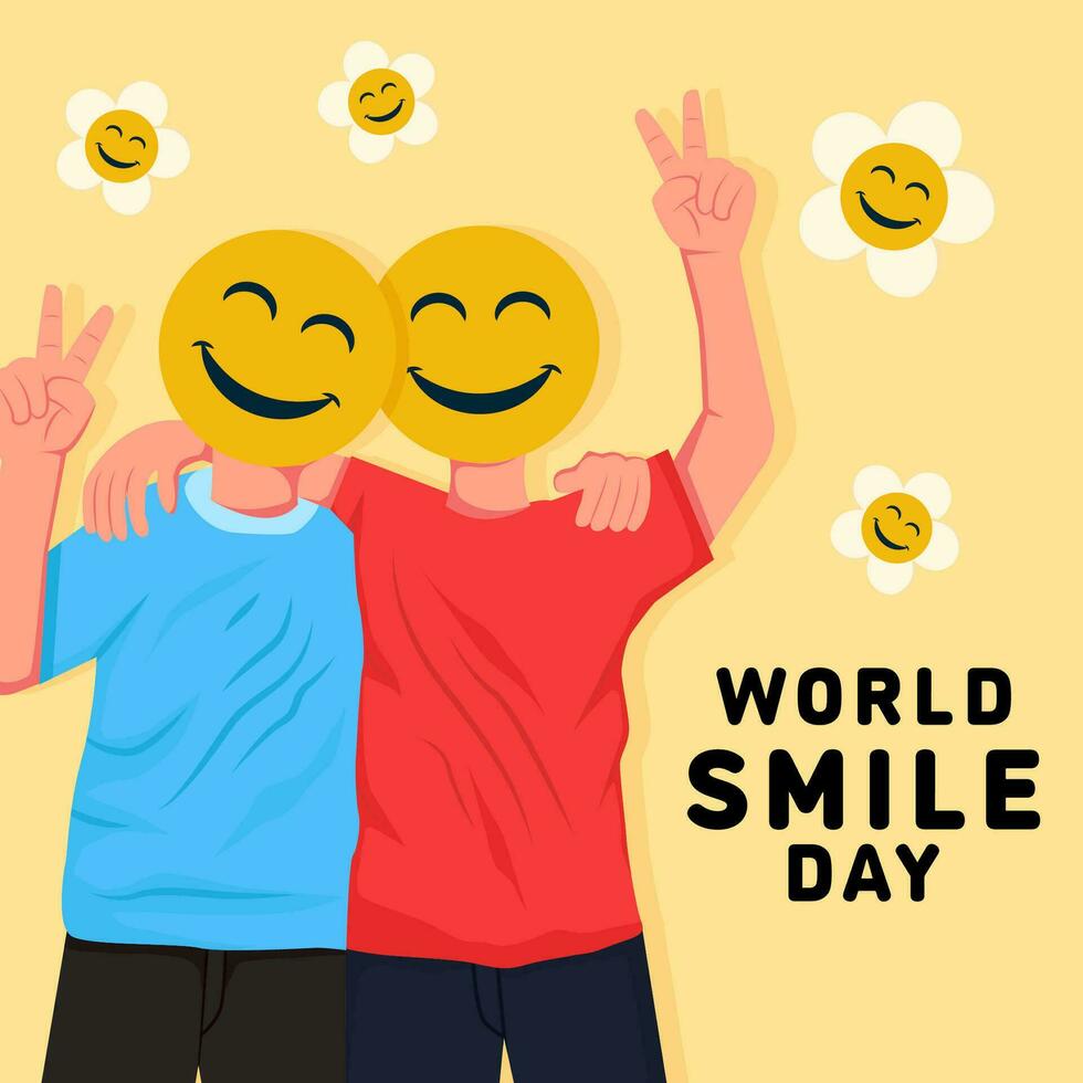 wereld glimlach dag illustratie met twee mensen gezicht gedekt door emoji glimlach vector